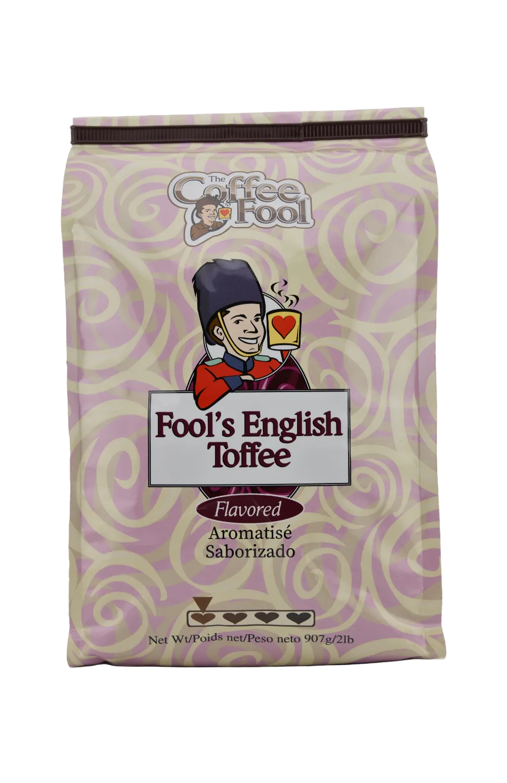 Bag of Coffee Fool's English Toffee flavored coffee on a white background