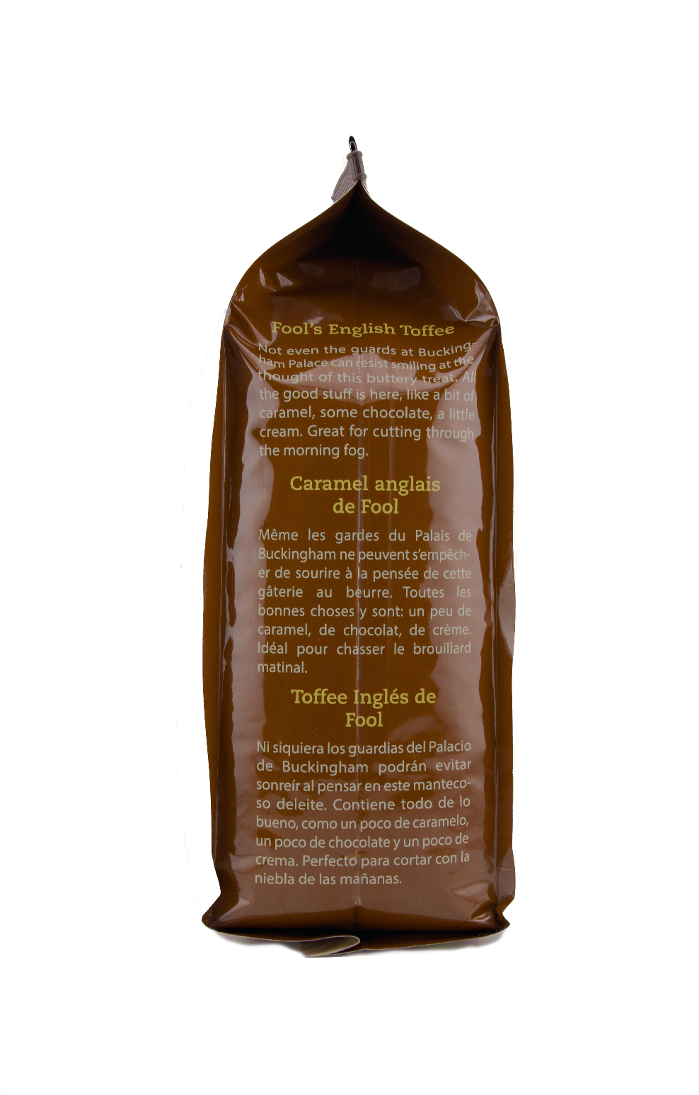Brown package of Fool's English Toffee on a white background
