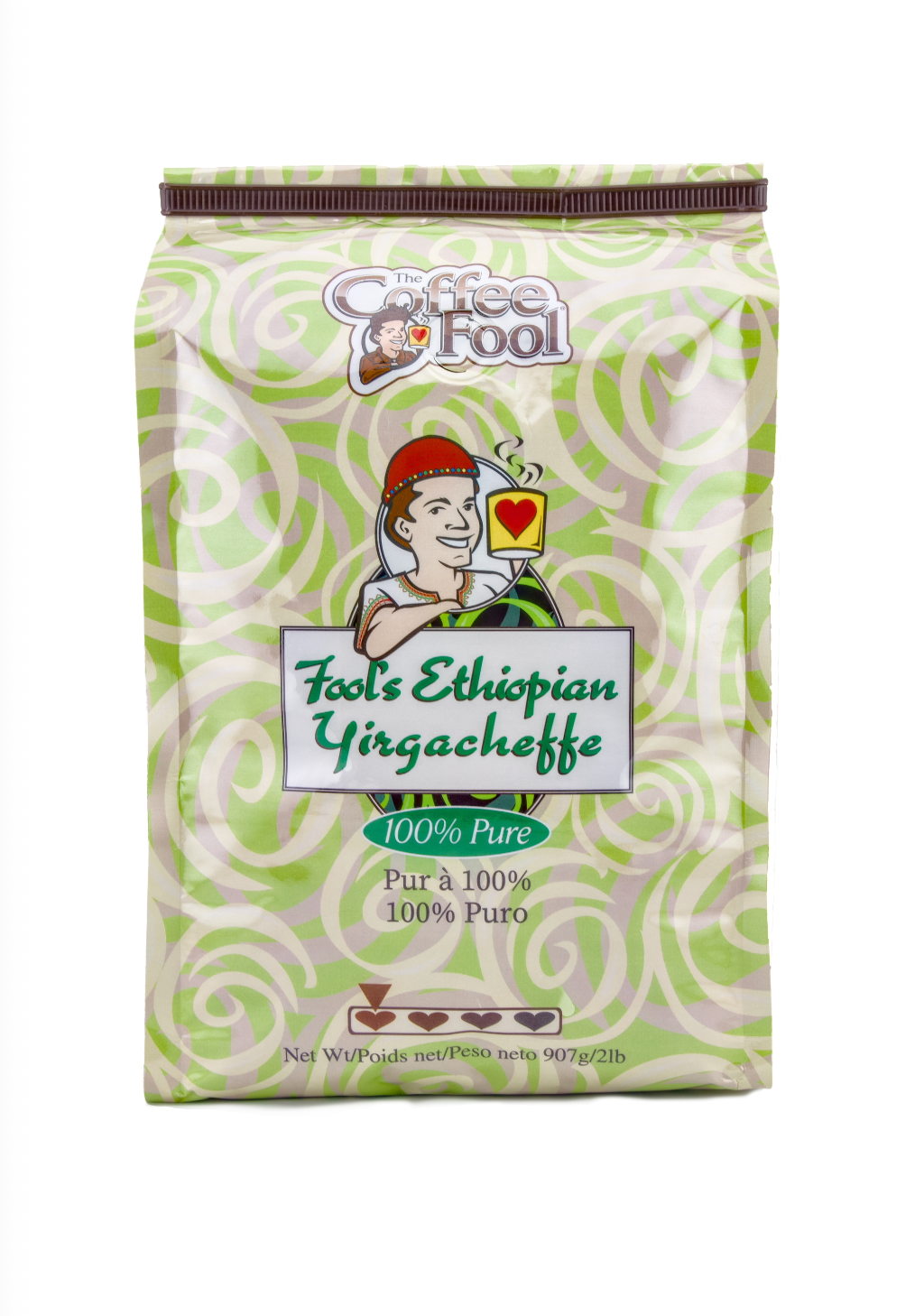 Coffee package with green and white design featuring a person holding a heart coffee mug