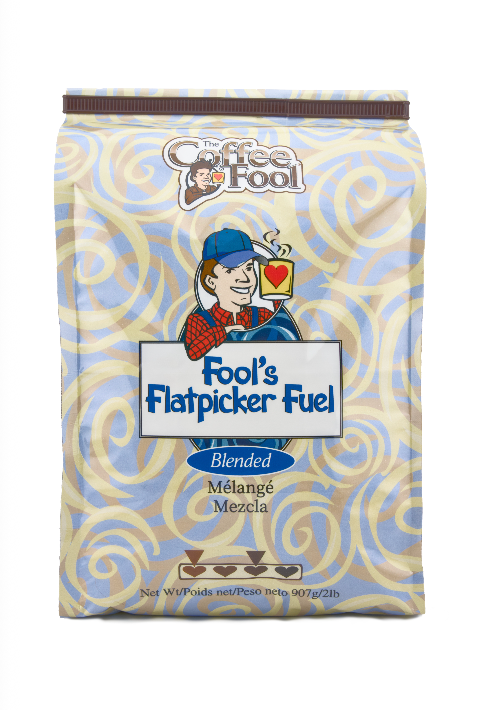 Coffee Fool's Flatpicker Fuel packaging with a character on a white background