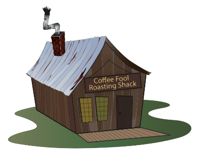 A cartoon-style illustration of a small wooden building labeled 'Coffee Fool Roasting Shack' with a metal chimney, gray roof, brown walls, and green ground on a white background.